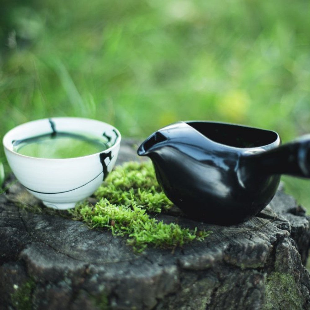 Eine Kyusu Chadoka mit einer Shirokuro Teeschale auf einem Baumstumpf.