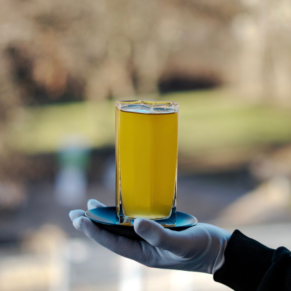 Ein 6-eckiges Glas, welches von einer Hand mit einem weißen Handschuh auf Schulterhöhe vor einem Park gehalten wird.