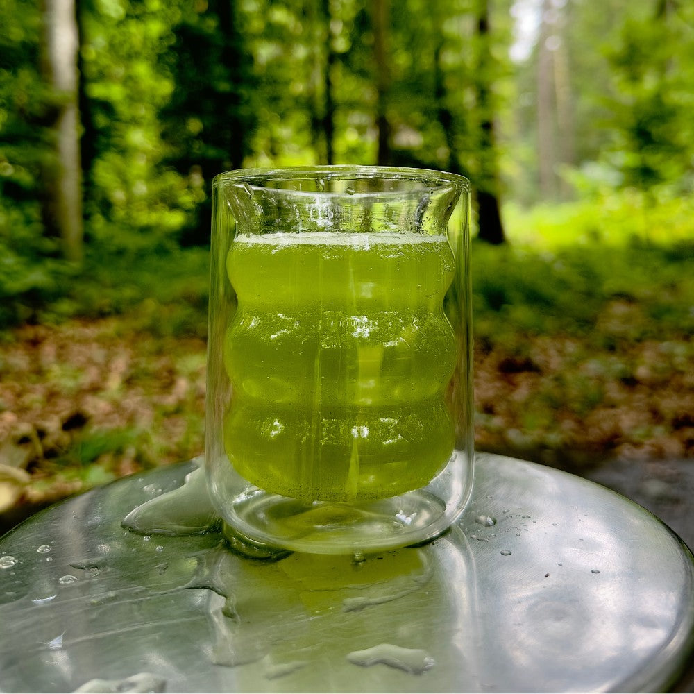 Ein gewölbtes Doppelwandglas mit einem Aufguss grünem Tee und der Natur im Hintergrund.