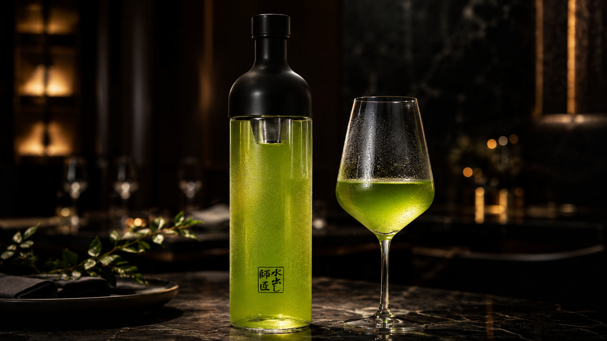 Mizudashi Flasche mit Weinglas daneben und strahlendem Tee befüllt